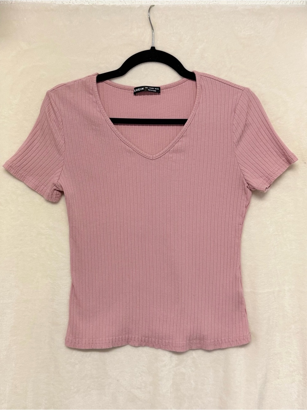SHEIN Dusty Pink Ribbed V-Neck Short Sleeve Top